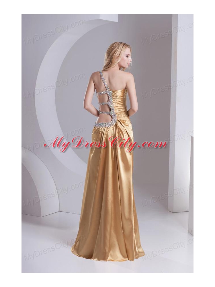 Column One Shoulder Taffeta Beading Ruching Gold Prom Dress