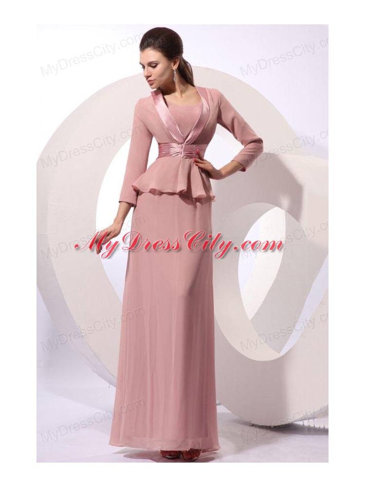 Column Square Long Ruching Pink Chiffon Floor-length Prom Dress