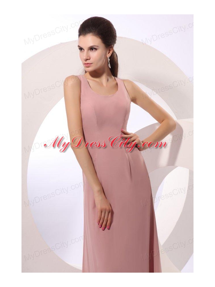 Column Square Long Ruching Pink Chiffon Floor-length Prom Dress