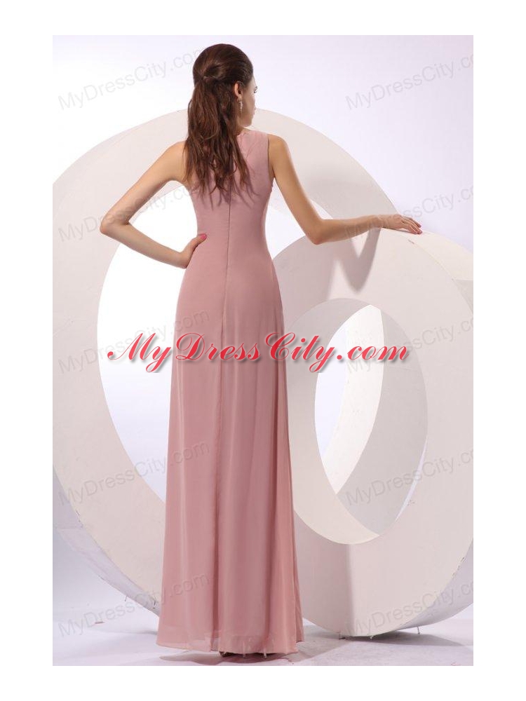 Column Square Long Ruching Pink Chiffon Floor-length Prom Dress