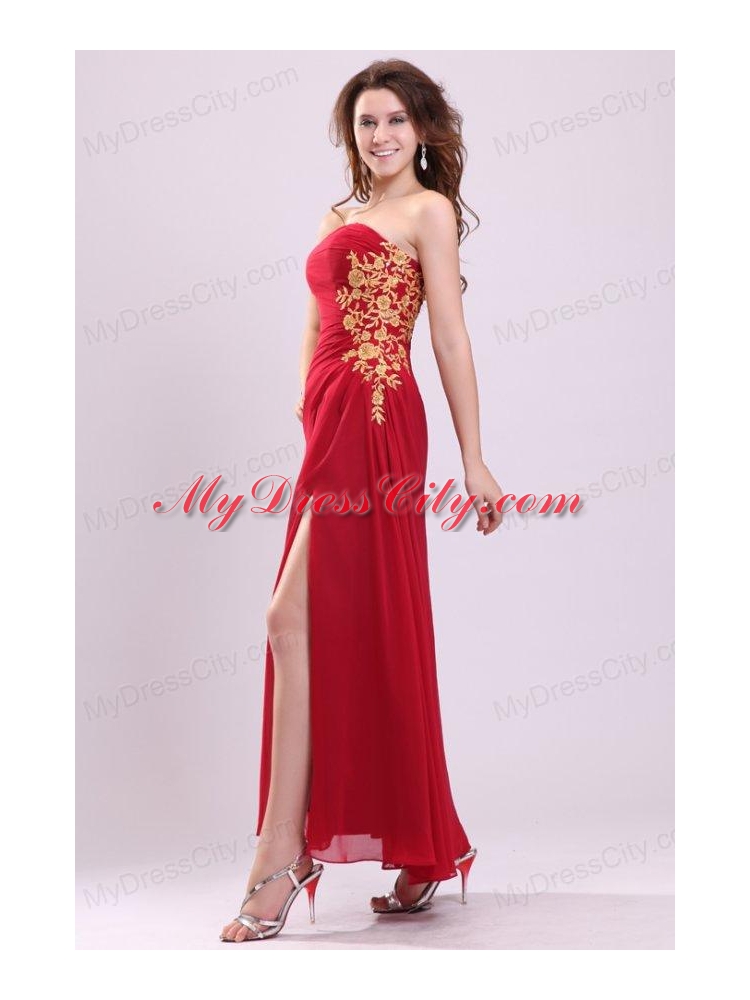 Column Strapless Appliques Ankle-length Chiffon Prom Dress with Side Zipper