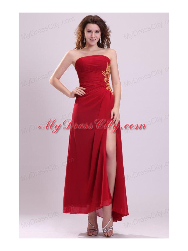 Column Strapless Appliques Ankle-length Chiffon Prom Dress with Side Zipper