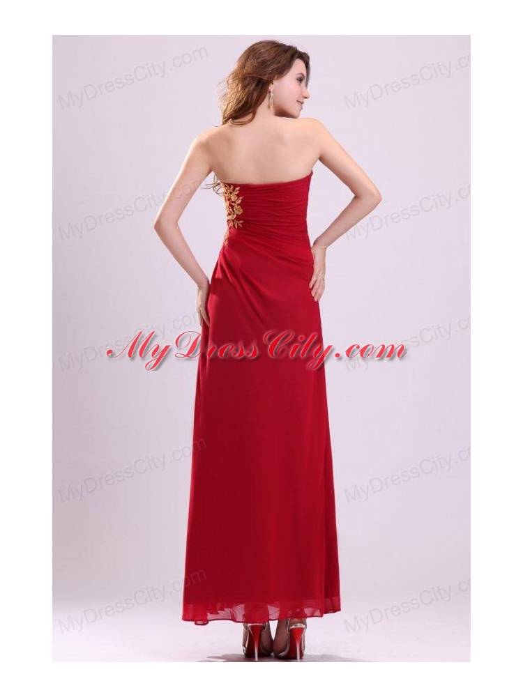 Column Strapless Appliques Ankle-length Chiffon Prom Dress with Side Zipper