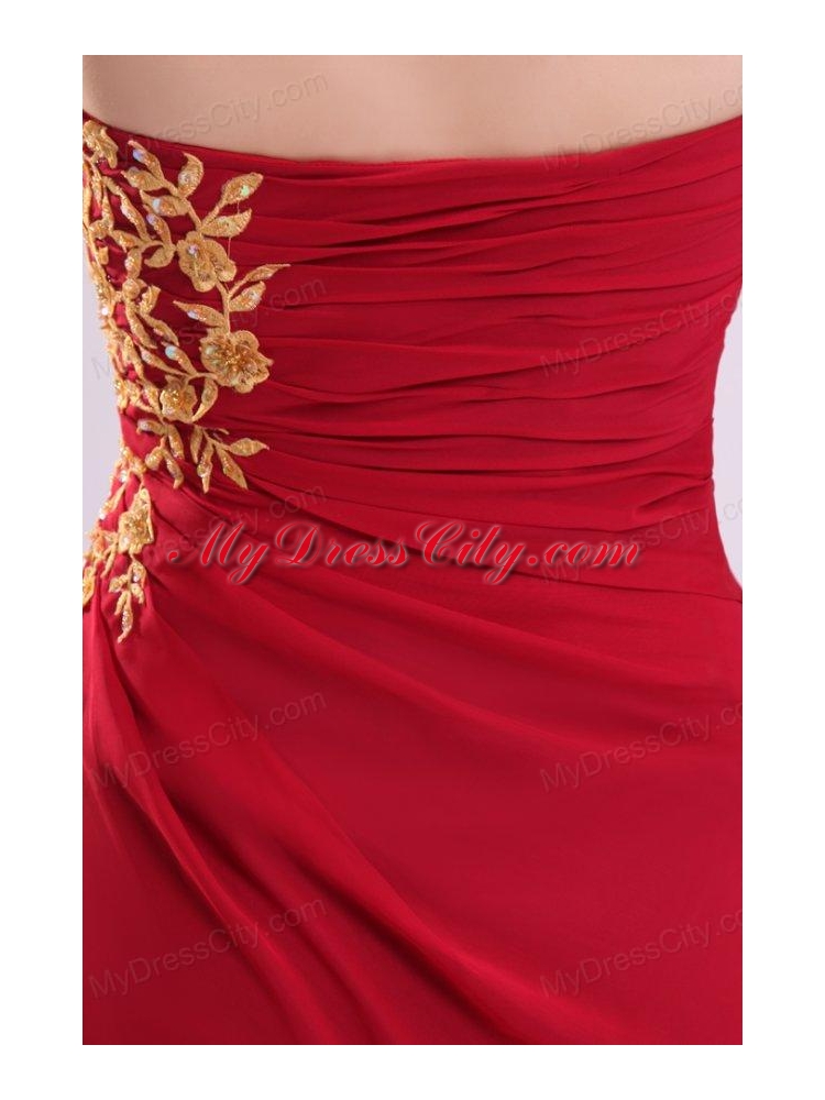 Column Strapless Appliques Ankle-length Chiffon Prom Dress with Side Zipper