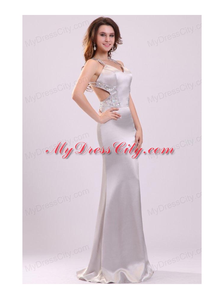 Column Straps Beading Satin Floor-length Gray Prom Dress