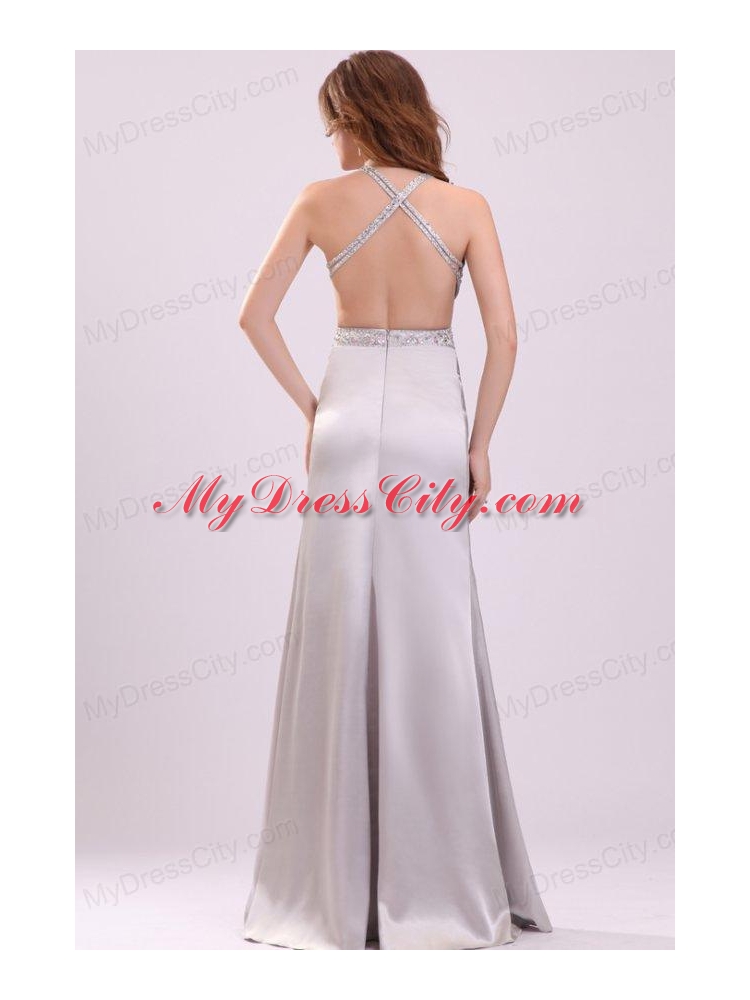 Column Straps Beading Satin Floor-length Gray Prom Dress