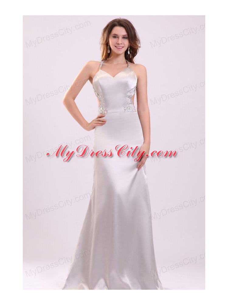 Column Straps Beading Satin Floor-length Gray Prom Dress