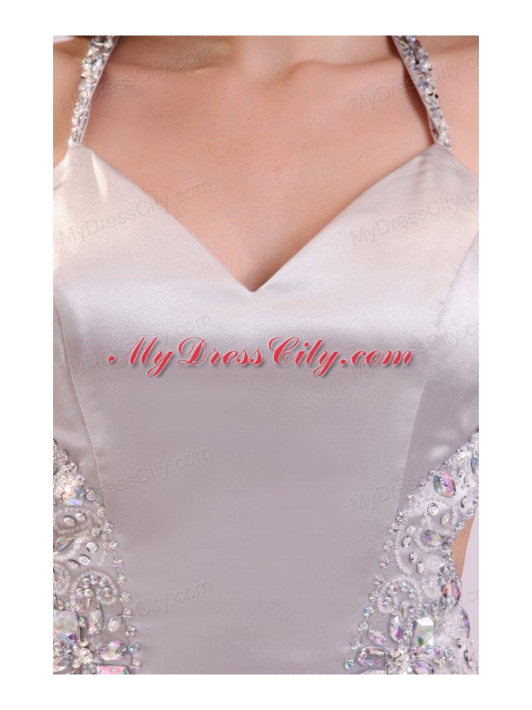 Column Straps Beading Satin Floor-length Gray Prom Dress