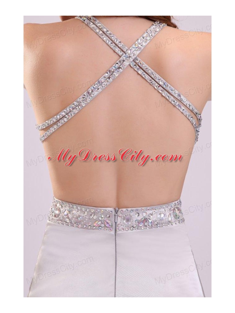 Column Straps Beading Satin Floor-length Gray Prom Dress