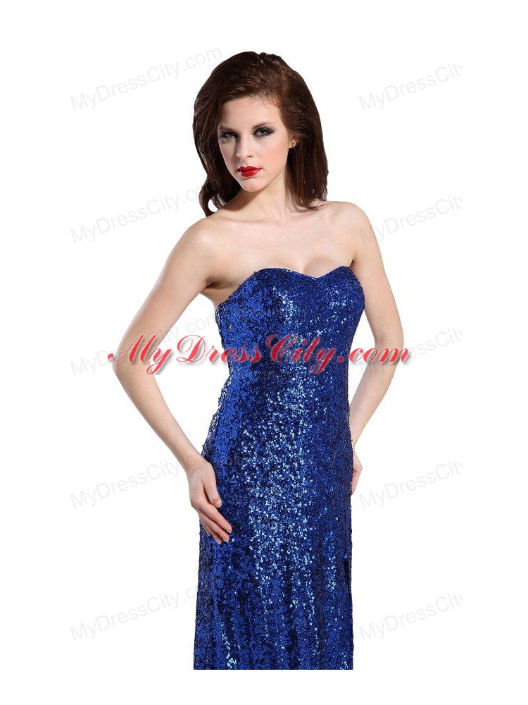 Column Sweetheart Royal Blue Sequins High Slit Brush Train Prom Dress