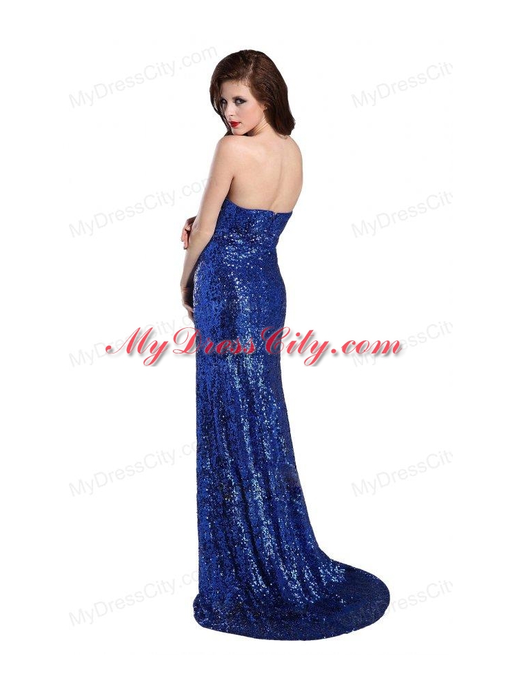 Column Sweetheart Royal Blue Sequins High Slit Brush Train Prom Dress