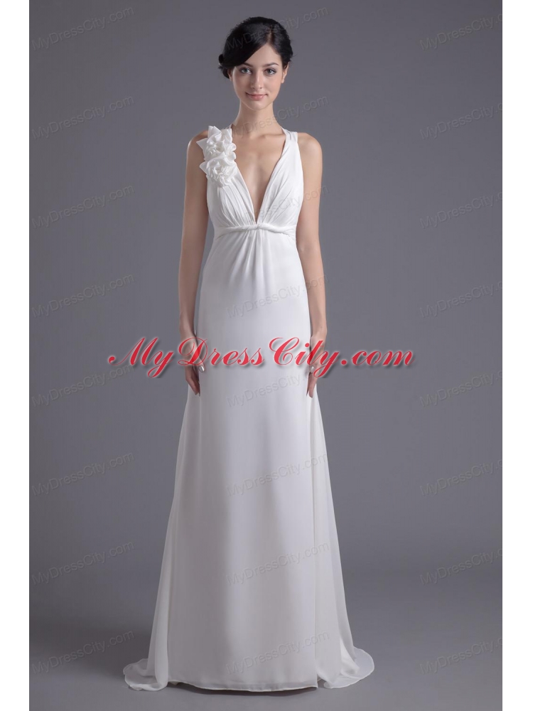 Column White Chiffon V-neck Prom Dress with Hand Made Flowers