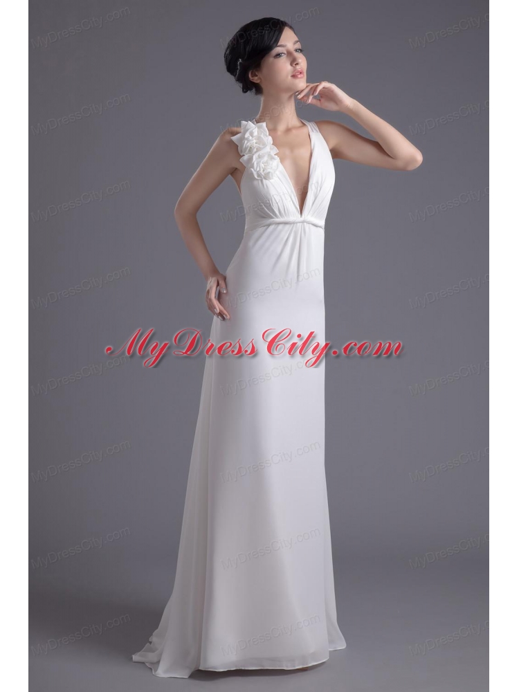 Column White Chiffon V-neck Prom Dress with Hand Made Flowers