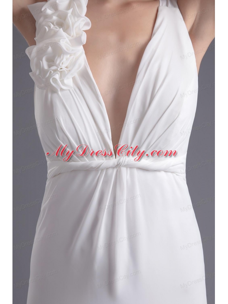 Column White Chiffon V-neck Prom Dress with Hand Made Flowers