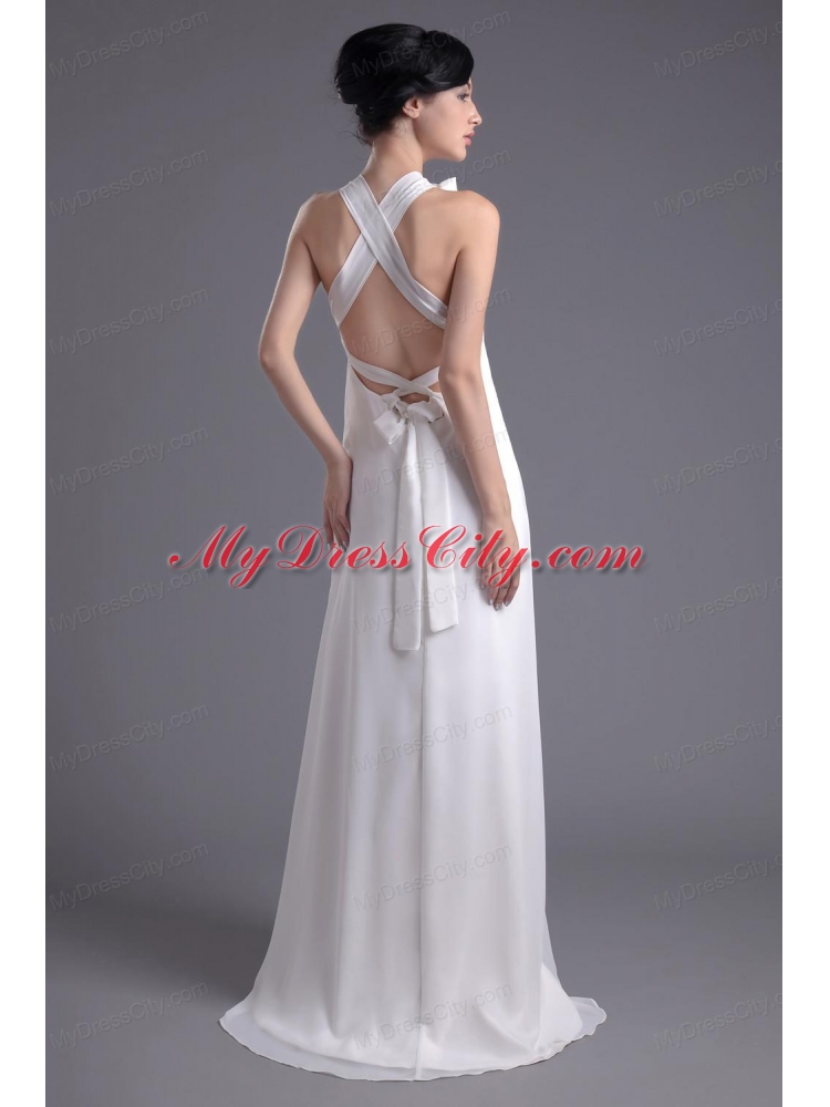 Column White Chiffon V-neck Prom Dress with Hand Made Flowers