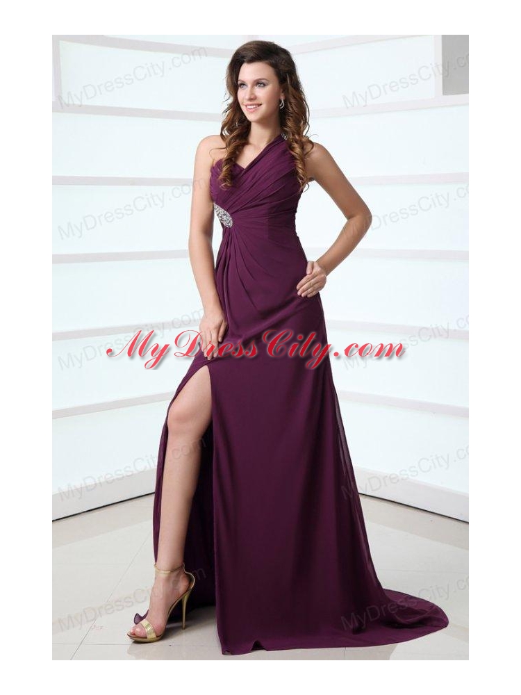 Dark Purple One Shoulder High Slit Beading and Ruching Chiffon Prom Dress