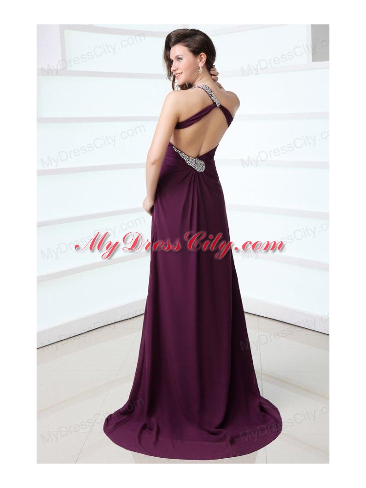 Dark Purple One Shoulder High Slit Beading and Ruching Chiffon Prom Dress