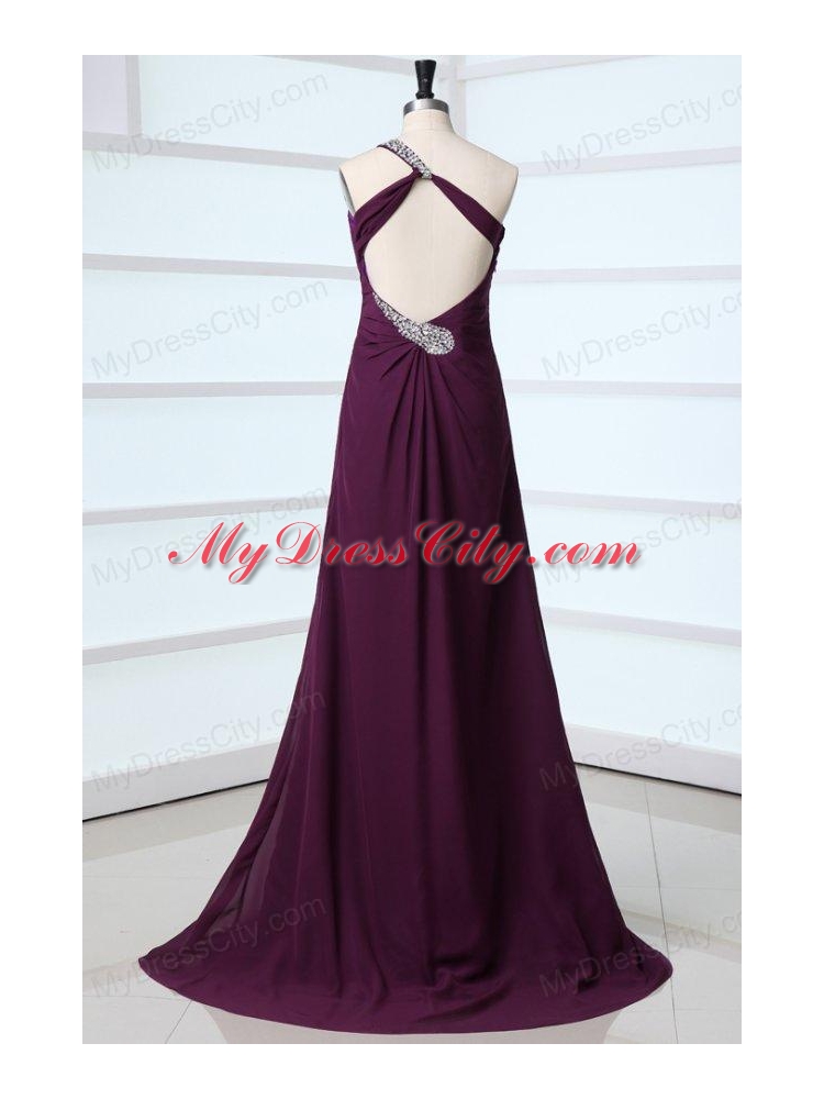 Dark Purple One Shoulder High Slit Beading and Ruching Chiffon Prom Dress