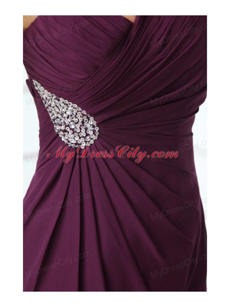 Dark Purple One Shoulder High Slit Beading and Ruching Chiffon Prom Dress