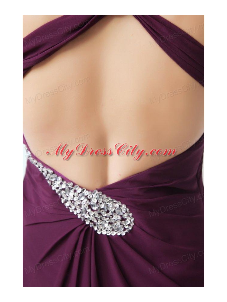 Dark Purple One Shoulder High Slit Beading and Ruching Chiffon Prom Dress