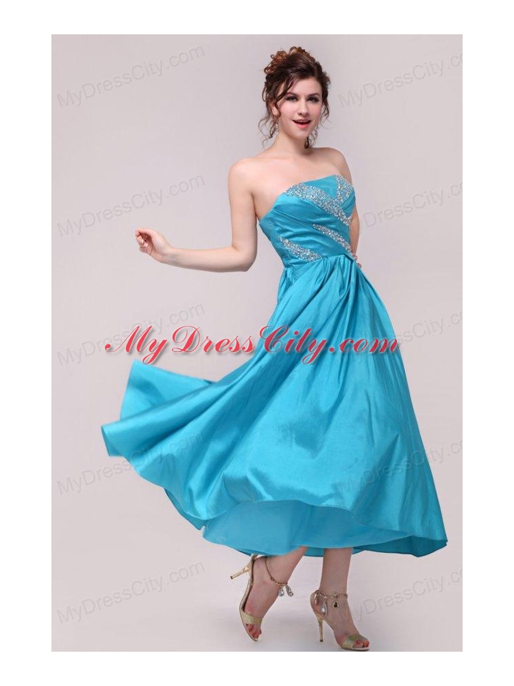 Elegant Aqua Blue A-Line Strapless Taffeta Beading Ankle -length Prom Dress