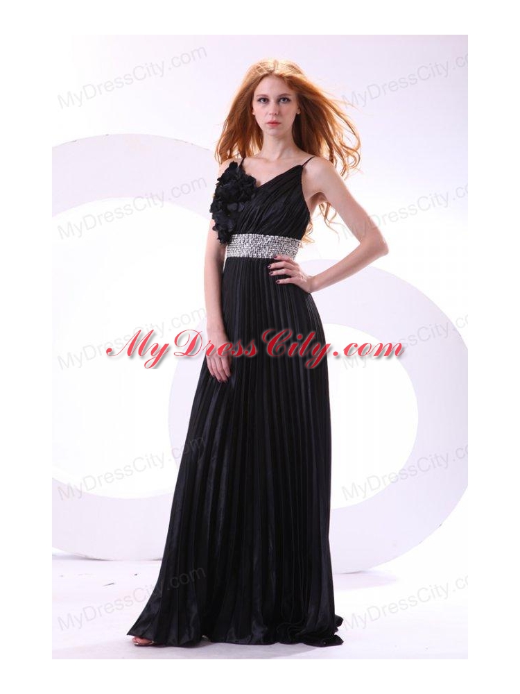 Empire Black Spaghetti Straps Long Pleats and Beading Prom Dress