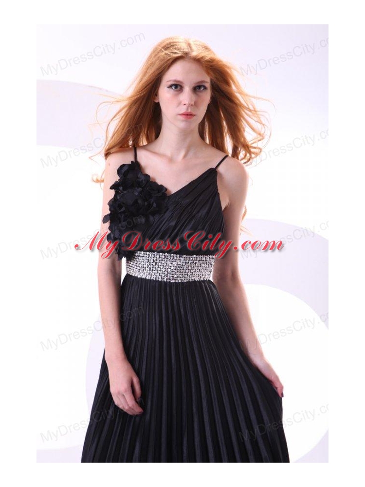 Empire Black Spaghetti Straps Long Pleats and Beading Prom Dress