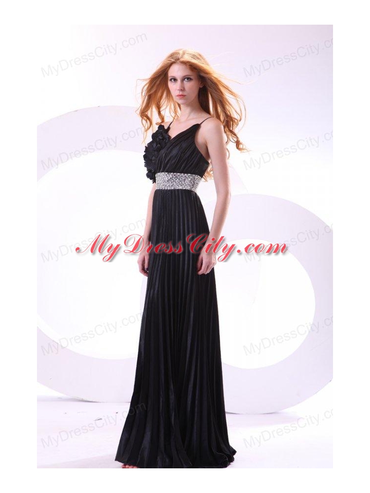 Empire Black Spaghetti Straps Long Pleats and Beading Prom Dress