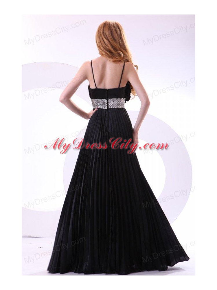 Empire Black Spaghetti Straps Long Pleats and Beading Prom Dress