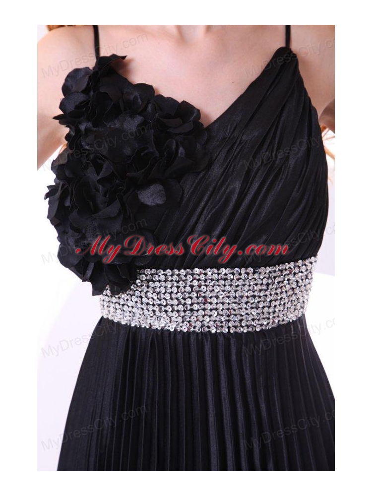 Empire Black Spaghetti Straps Long Pleats and Beading Prom Dress