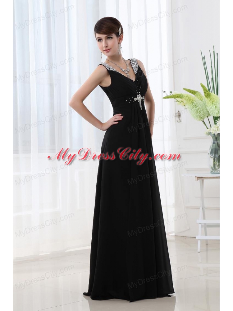 Empire Chiffon Floor-length V-neck Black Beading And Ruching Prom Dress