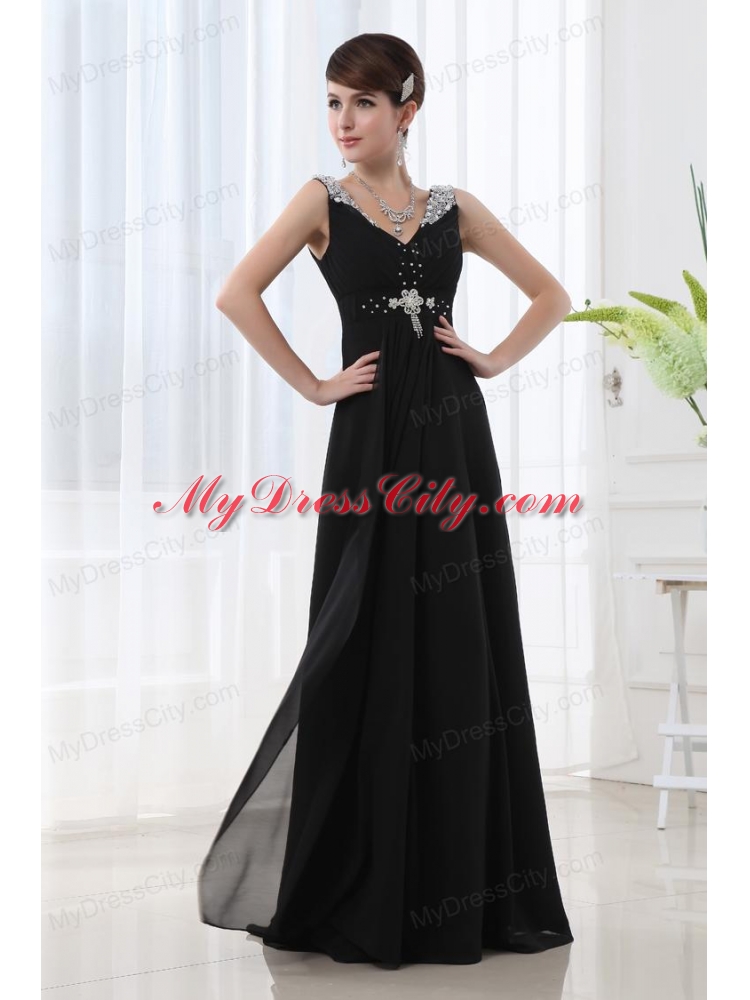 Empire Chiffon Floor-length V-neck Black Beading And Ruching Prom Dress