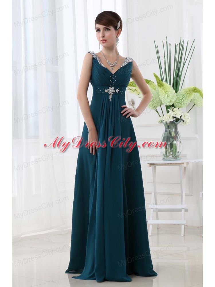 Empire Chiffon Floor-length V-neck Black Beading And Ruching Prom Dress