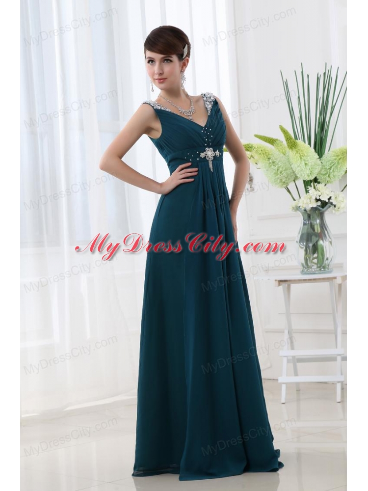 Empire Chiffon Floor-length V-neck Black Beading And Ruching Prom Dress