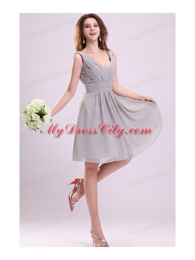 Empire Gray V-neck Ruching Chiffon Knee-length Prom Dress