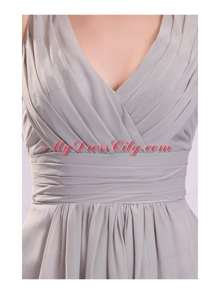 Empire Gray V-neck Ruching Chiffon Knee-length Prom Dress