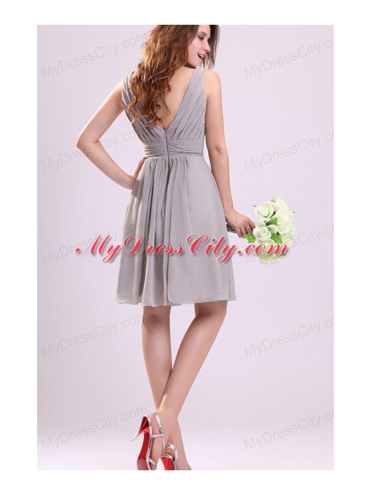 Empire Gray V-neck Ruching Chiffon Knee-length Prom Dress