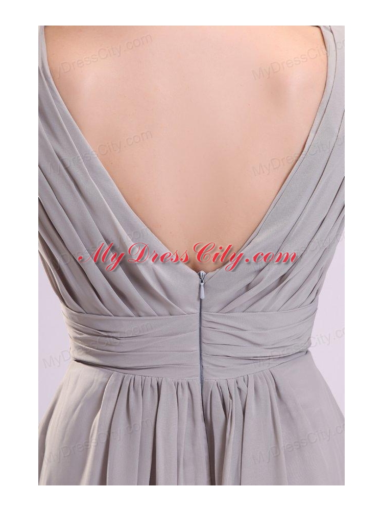 Empire Gray V-neck Ruching Chiffon Knee-length Prom Dress