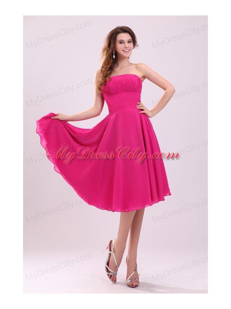 Empire Hot Pink Strapless Ruching Chiffon 2013 Prom Dress