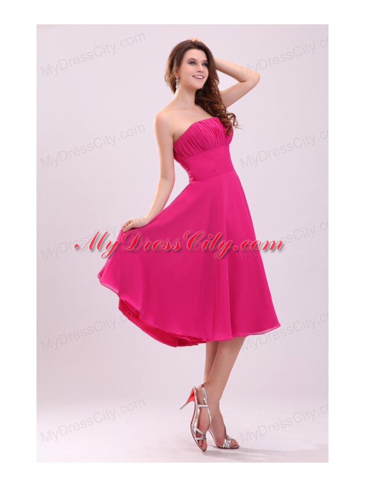 Empire Hot Pink Strapless Ruching Chiffon 2013 Prom Dress