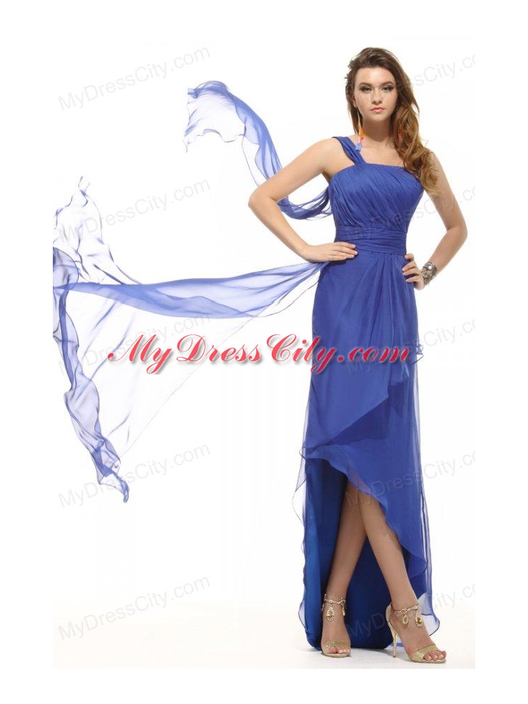 Empire One Shoulder Blue Asymmetrical Ruching Prom Dress