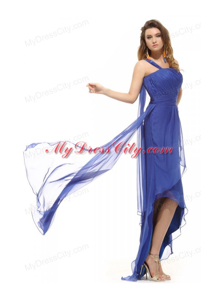 Empire One Shoulder Blue Asymmetrical Ruching Prom Dress