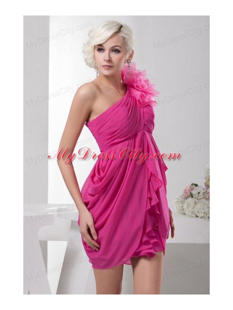 Empire One Shoulder Empire Hot Pink Chiffon Mini-length Prom Dress