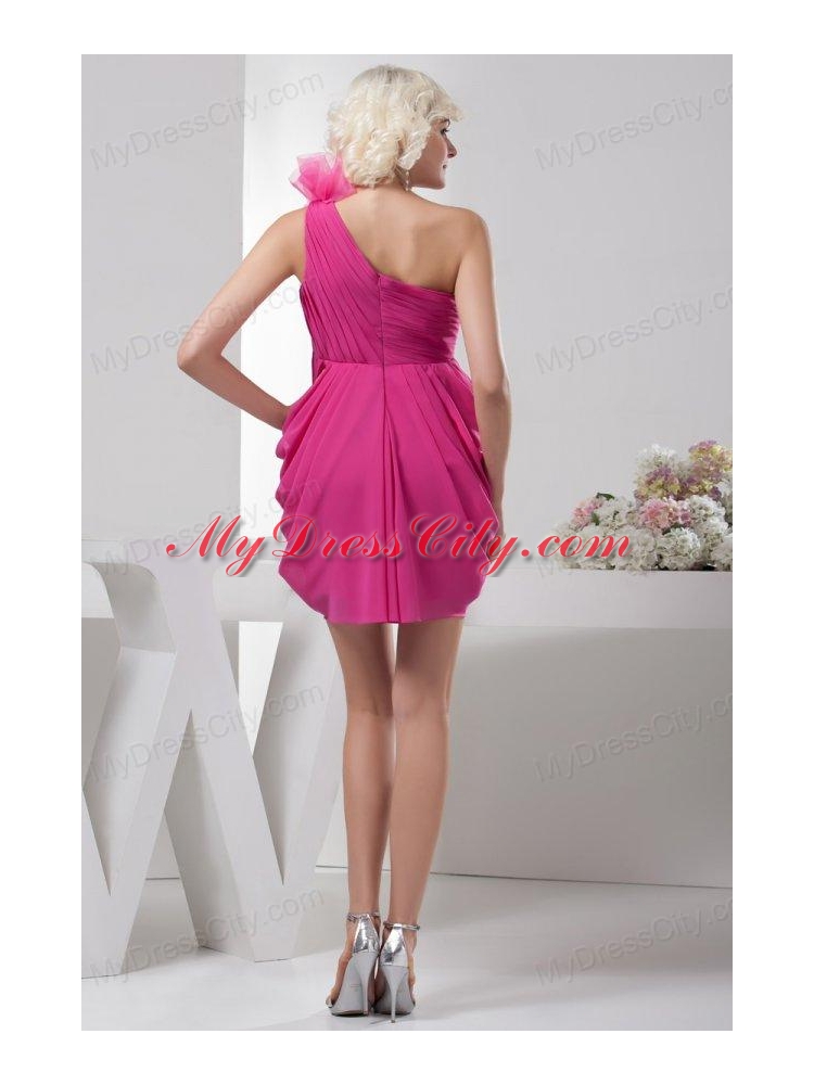 Empire One Shoulder Empire Hot Pink Chiffon Mini-length Prom Dress