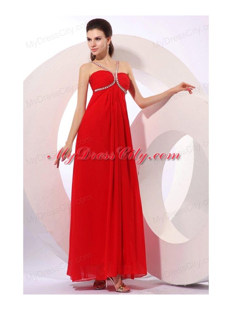 Empire One Shoulder Red Beading Graduation Chiffon 2014 Prom Dress