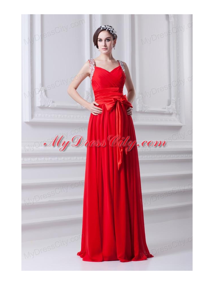 Empire Red Straps Chiffon Prom Dress with Beading and Bowknot