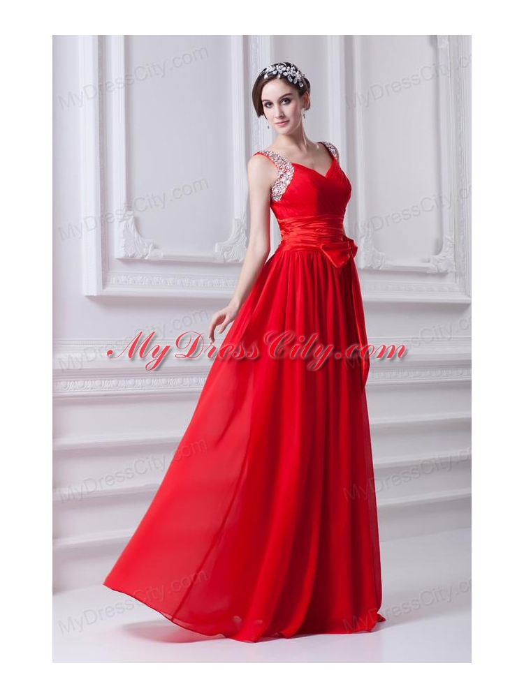 Empire Red Straps Chiffon Prom Dress with Beading and Bowknot