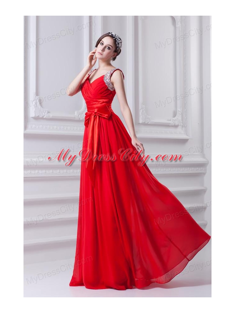 Empire Red Straps Chiffon Prom Dress with Beading and Bowknot