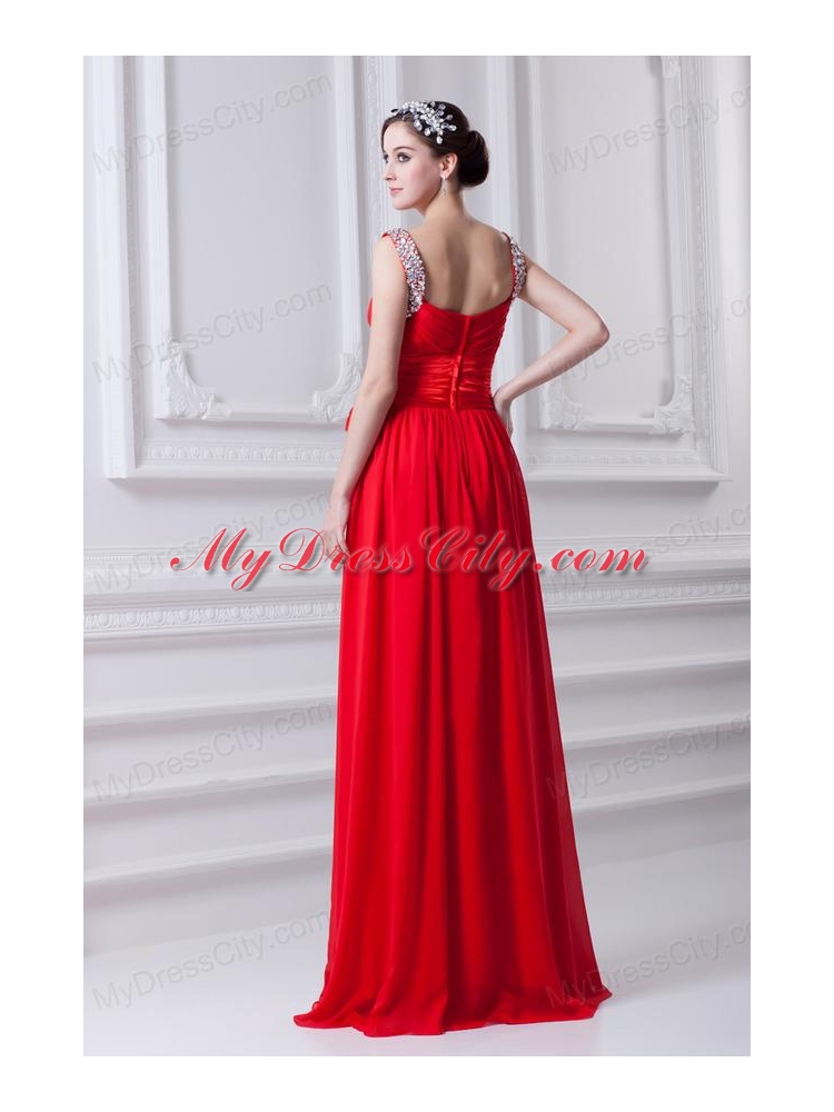 Empire Red Straps Chiffon Prom Dress with Beading and Bowknot