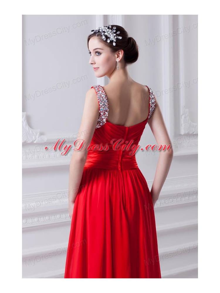 Empire Red Straps Chiffon Prom Dress with Beading and Bowknot